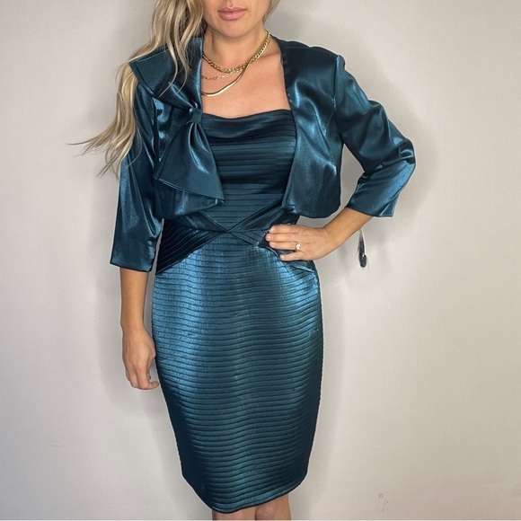 Adrianna Papell Teal Shimmer Dress and Jacket Set - Picture 7 of 13
